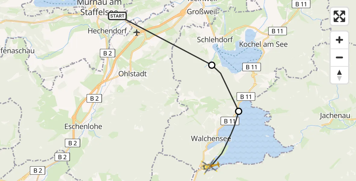 Flugroute Rettungshubschrauber Murnau Accident Hospital - Kochel a.See, 19 August 2026, 12:31