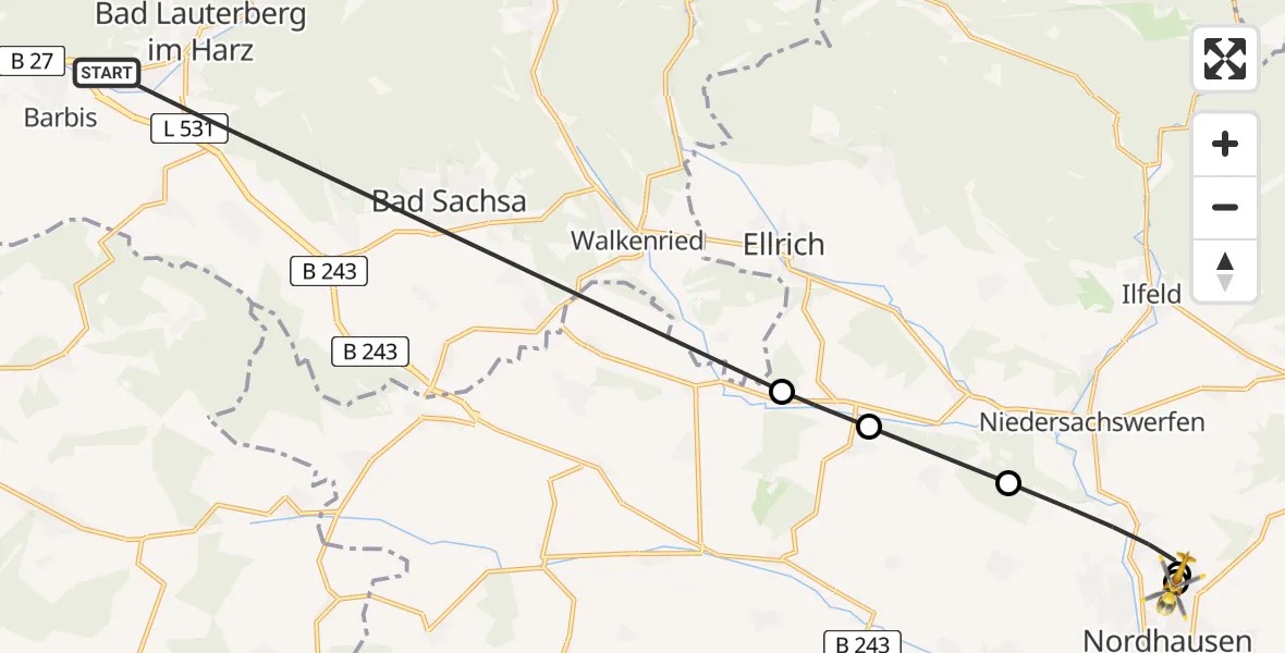 Flugroute Rettungshubschrauber Bad Lauterberg im Harz - Südharz Hospital Nordhausen, 19 August 2026, 12:31