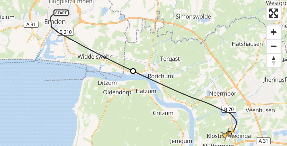 Flugroute Ambulanzhubschrauber Emden - Leer (Ostfriesland), 19 August 2026, 12:35