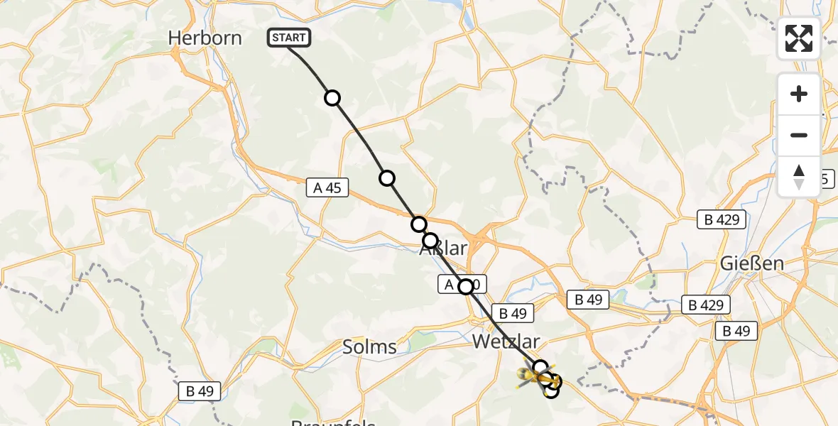 Flugroute Rettungshubschrauber Mittenaar - Lahn-Dill Clinic Wetzlar Hubschrauberlandeplatz, 19 August 2026, 12:36