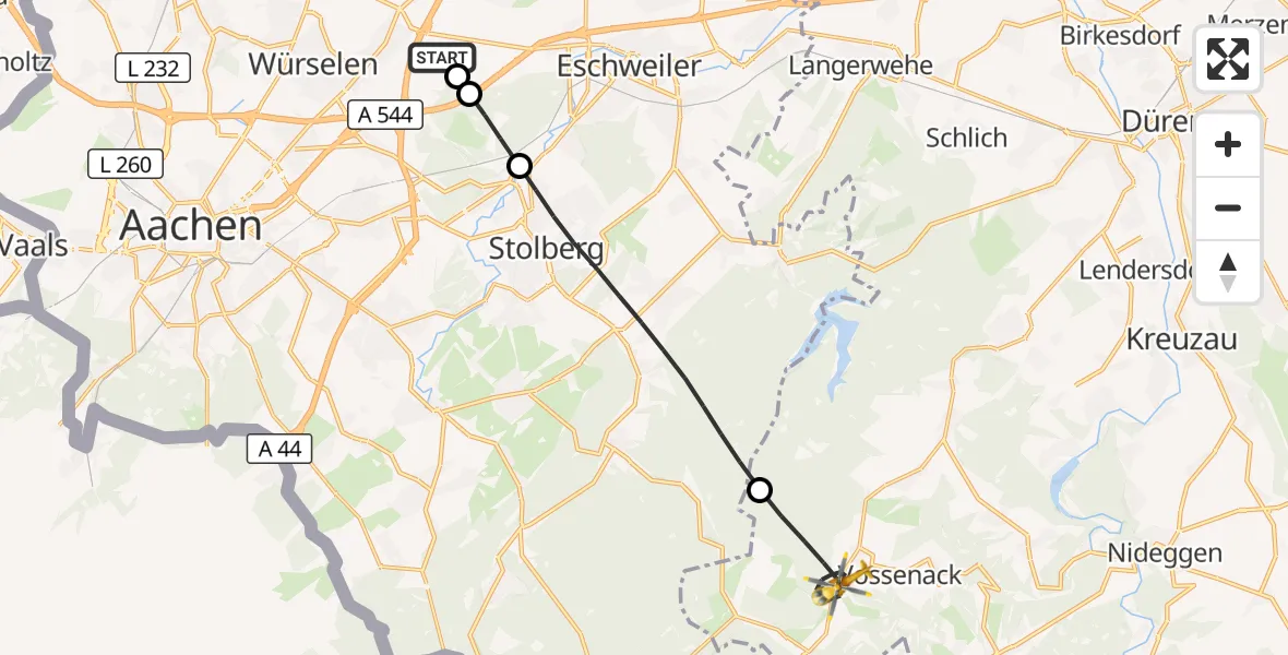 Flugroute Rettungshubschrauber Aachen-Merzbrück Flughafen - Hürtgenwald, 19 August 2026, 12:41