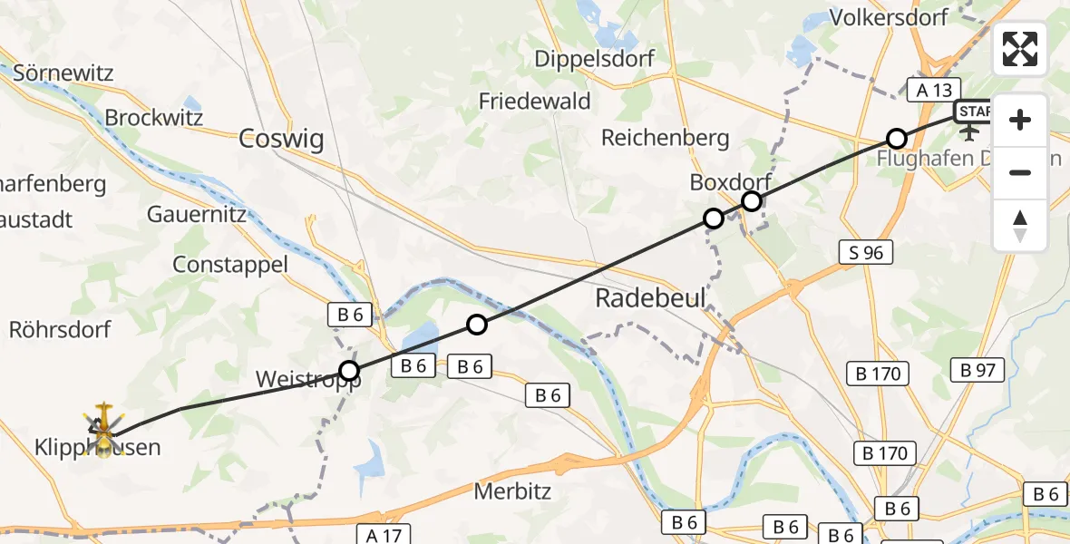 Flugroute Rettungshubschrauber Dresden Flughafen - Klipphausen, 19 August 2026, 12:47