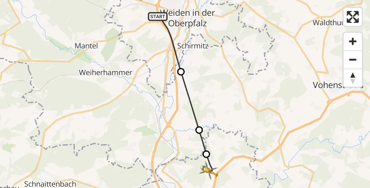 Flugroute Ambulanzhubschrauber Weiden i.d.OPf. - Wernberg-Köblitz, 19 August 2026, 13:01