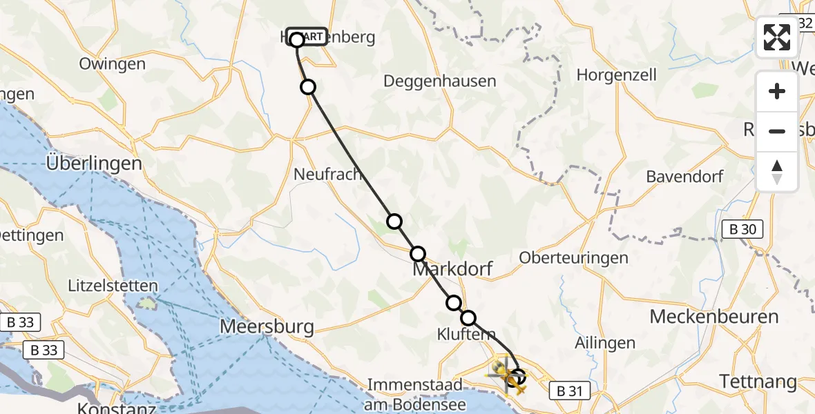 Flugroute Rettungshubschrauber Heiligenberg - Friedrichshafen Hospital, 19 August 2026, 13:03