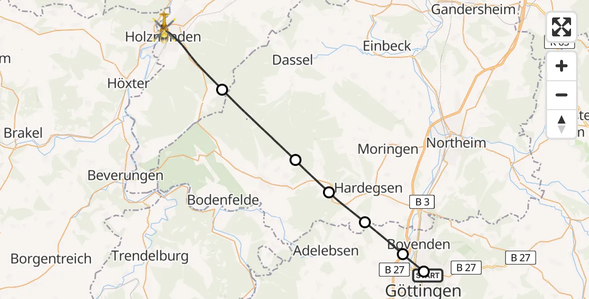 Flugroute Rettungshubschrauber Göttingen University Clinic Hubschrauberlandeplatz - Holzminden, 19 August 2026, 13:05
