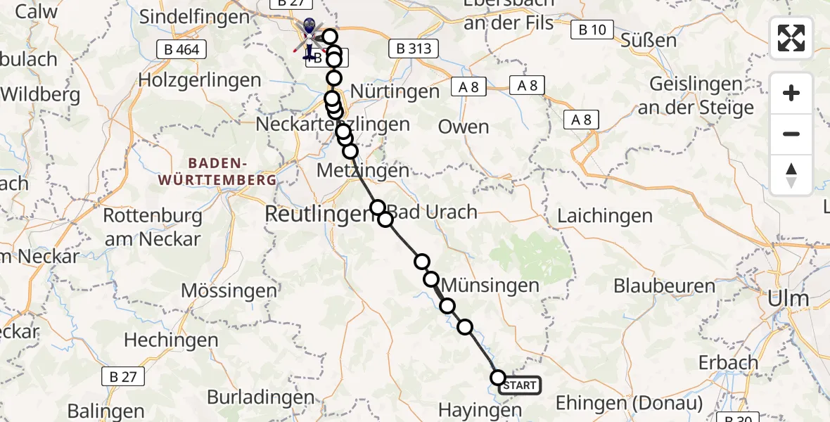 Flugroute Polizeihubschrauber Hayingen - Flughafen Stuttgart, 19 August 2026, 13:11