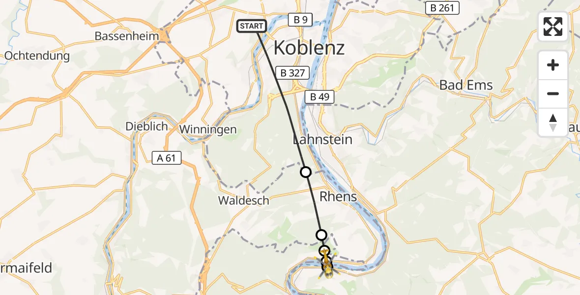 Flugroute Rettungshubschrauber Koblenz - Boppard, 19 August 2026, 13:15