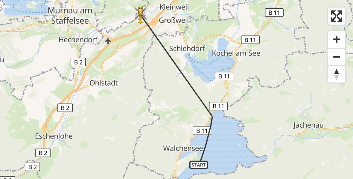 Flugroute Rettungshubschrauber Kochel a.See - Großweil, 19 August 2026, 13:16