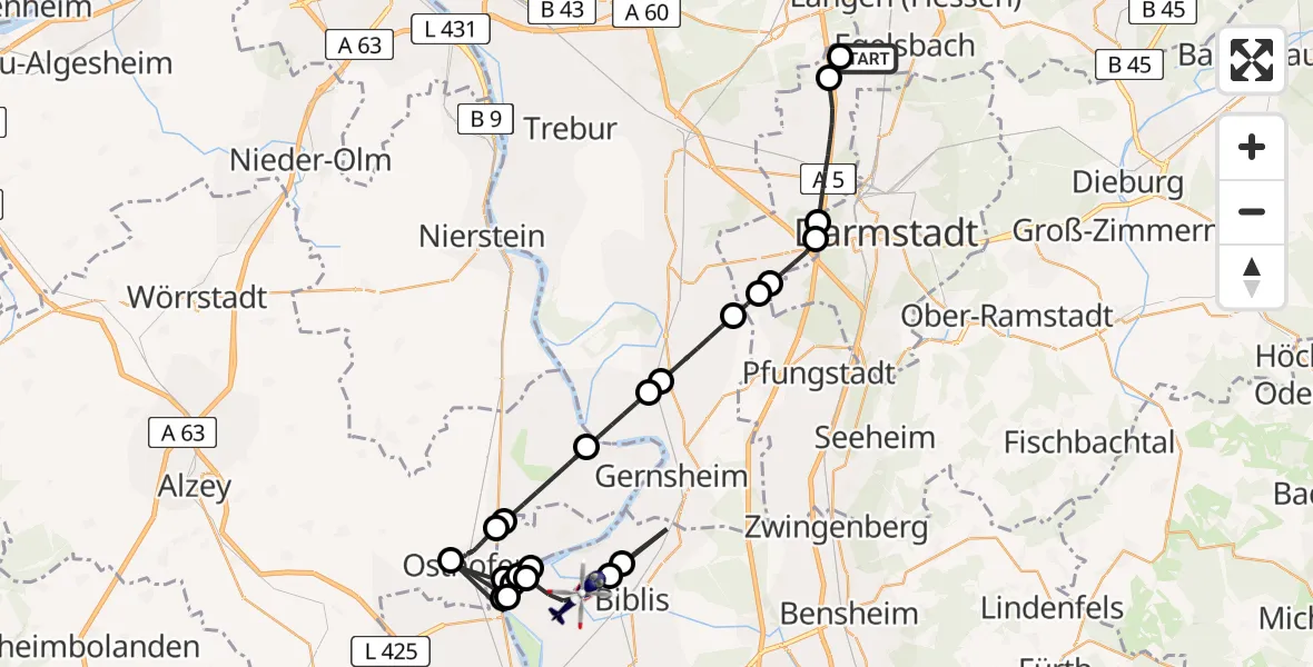 Flugroute Polizeihubschrauber Flughafen Frankfurt-Egelsbach - Biblis, 19 August 2026, 13:19