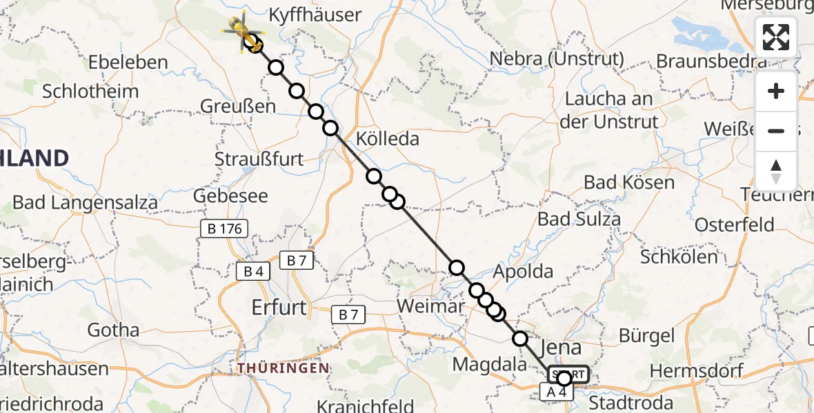Flugroute Ambulanzhubschrauber Lobeda Hubschrauberlandeplatz - Kyffhäuserland, 19 August 2026, 13:25