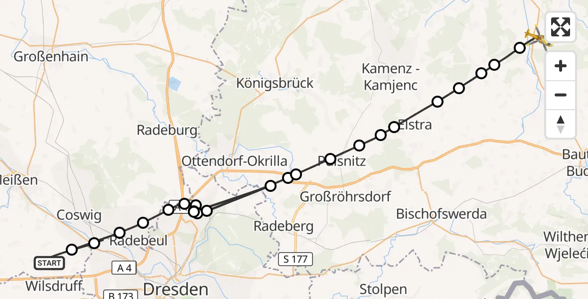 Flugroute Rettungshubschrauber Klipphausen - Königswartha, 19 August 2026, 13:28