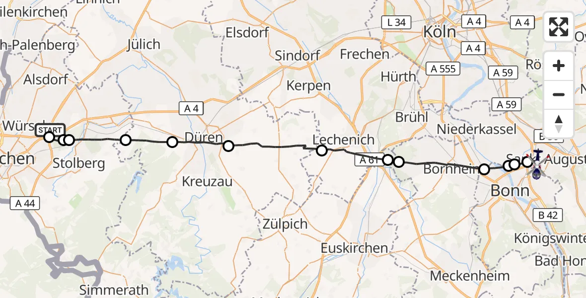 Flugroute Polizeihubschrauber Würselen - Bonn-Hangelar Flugplatz, 19 August 2026, 13:29