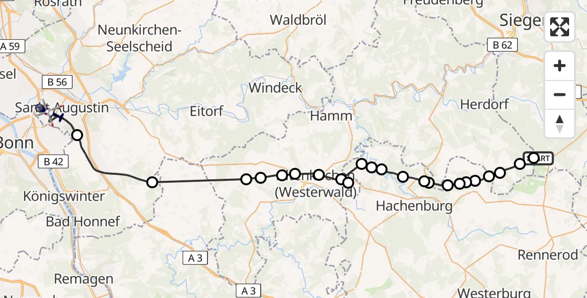 Flugroute Polizeihubschrauber Burbach - Bonn-Hangelar Flugplatz, 19 August 2026, 13:31