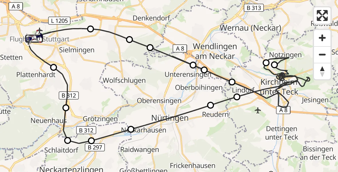 Flugroute Polizeihubschrauber Flughafen Stuttgart - Flughafen Stuttgart, 19 August 2026, 13:35