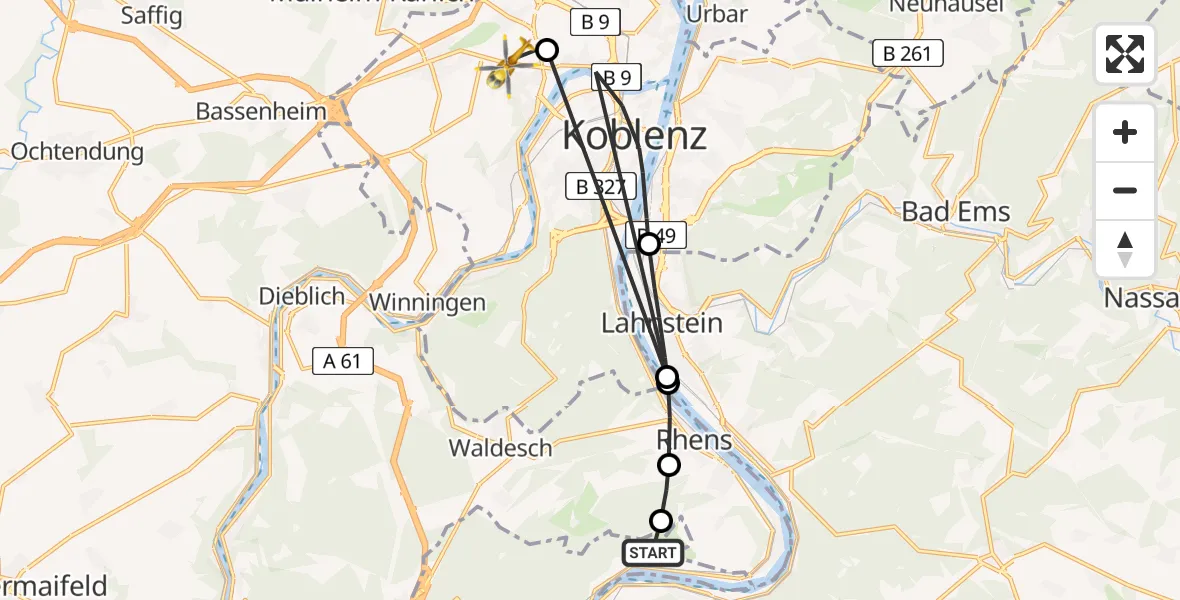 Flugroute Rettungshubschrauber Jakobsberg Hubschrauberlandeplatz - Koblenz, 19 August 2026, 13:38