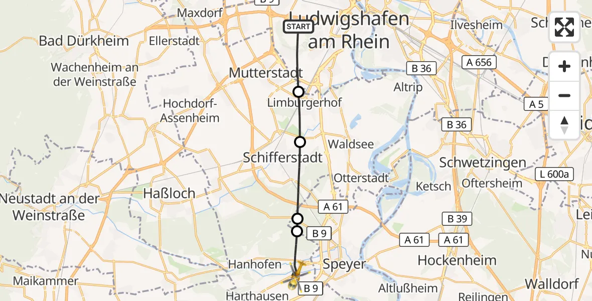 Flugroute Rettungshubschrauber Ludwigshafen am Rhein - Dudenhofen, 19 August 2026, 13:42