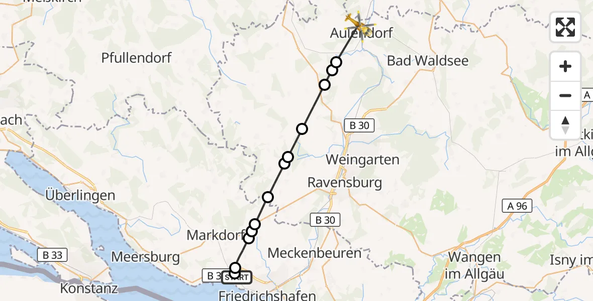 Flugroute Rettungshubschrauber Friedrichshafen Hospital - Aulendorf, 19 August 2026, 13:44