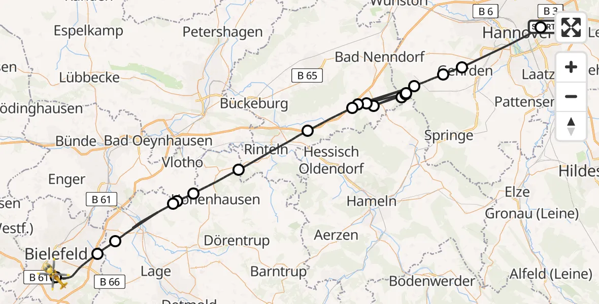 Flugroute Rettungshubschrauber Hannover Luftrettung Hubschrauberlandeplatz (Christoph 4) - Luftrettungszentrum Bielefeld, 19 August 2026, 13:47