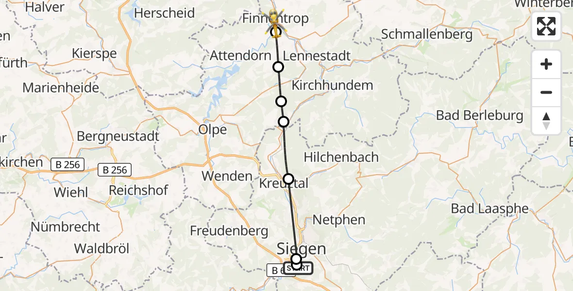Flugroute Rettungshubschrauber Evangelisches Jung-Stilling Hospital - Finnentrop, 19 August 2026, 13:50