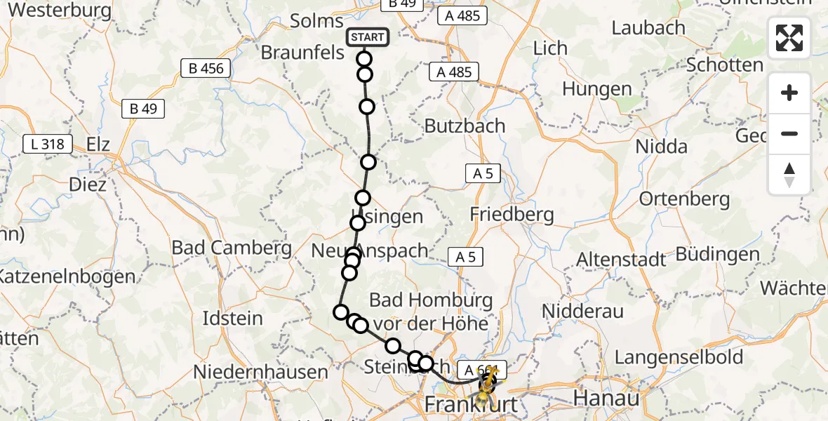 Flugroute Rettungshubschrauber Wetzlar - Frankfurt am Main Accident Hospital Roof Helipad (CHX2), 19 August 2026, 13:55