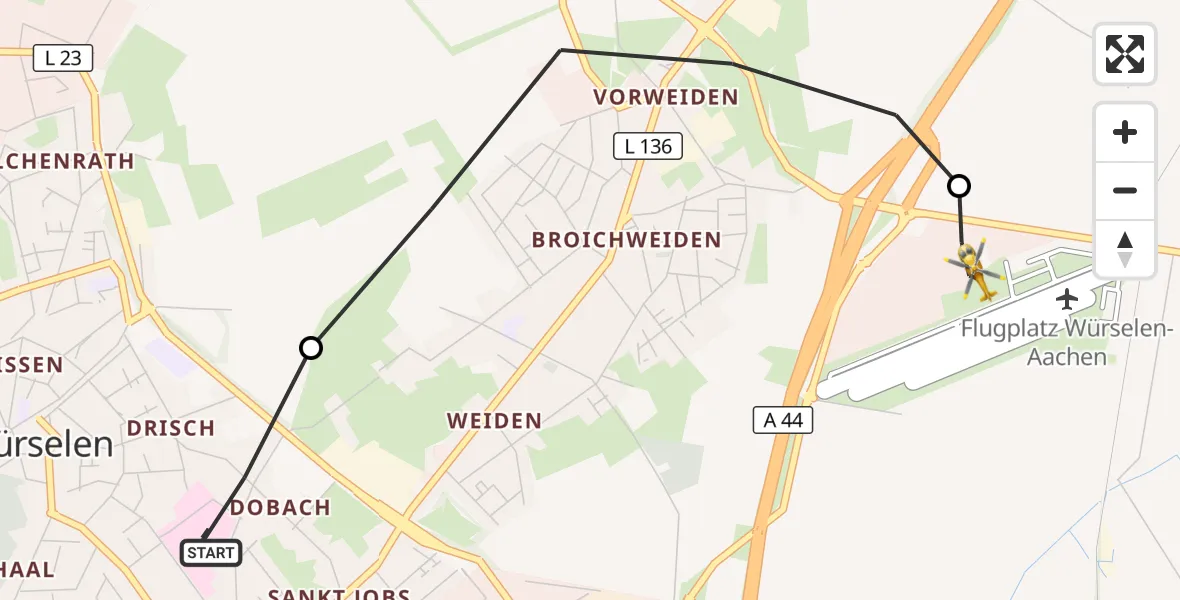 Flugroute Rettungshubschrauber Rhein-Maas Hospital - Aachen-Merzbrück Flughafen, 19 August 2026, 13:58