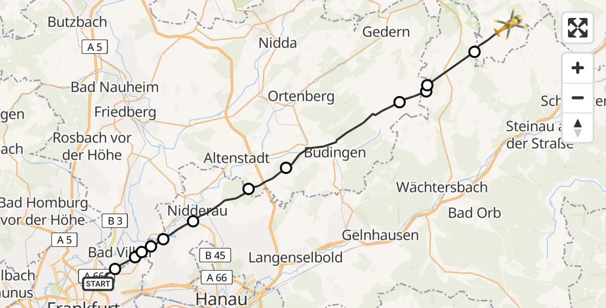 Flugroute Rettungshubschrauber Frankfurt am Main - Freiensteinau, 19 August 2026, 13:59