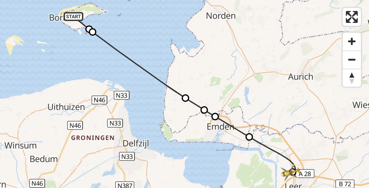 Flugroute Ambulanzhubschrauber Noordzee - Flugplatz Leer-Papenburg, 19 August 2026, 14:05