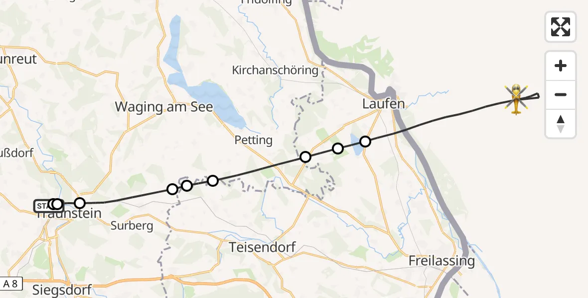 Flugroute Rettungshubschrauber Traunstein Hospital - Laufen, 19 August 2026, 14:19