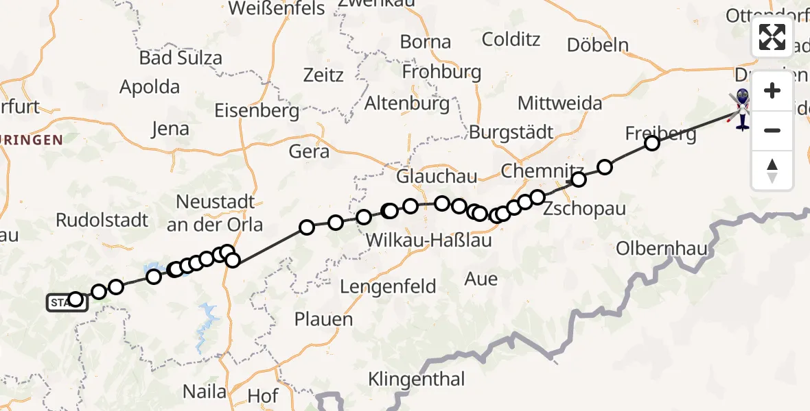 Flugroute Polizeihubschrauber Saalfeld/Saale - Rabenau, 19 August 2026, 14:20