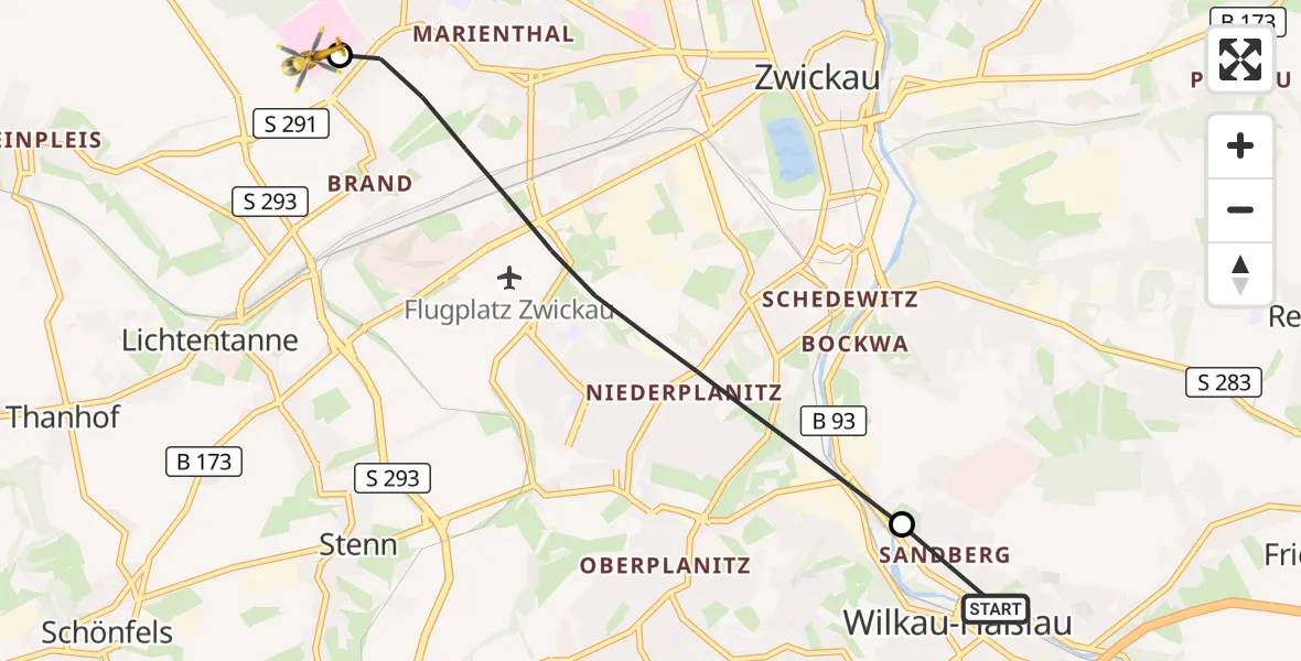 Flugroute Rettungshubschrauber Wilkau-Haßlau - ADAC Air Rescue Station Zwickau Hubschrauberlandeplatz, 19 August 2026, 14:22