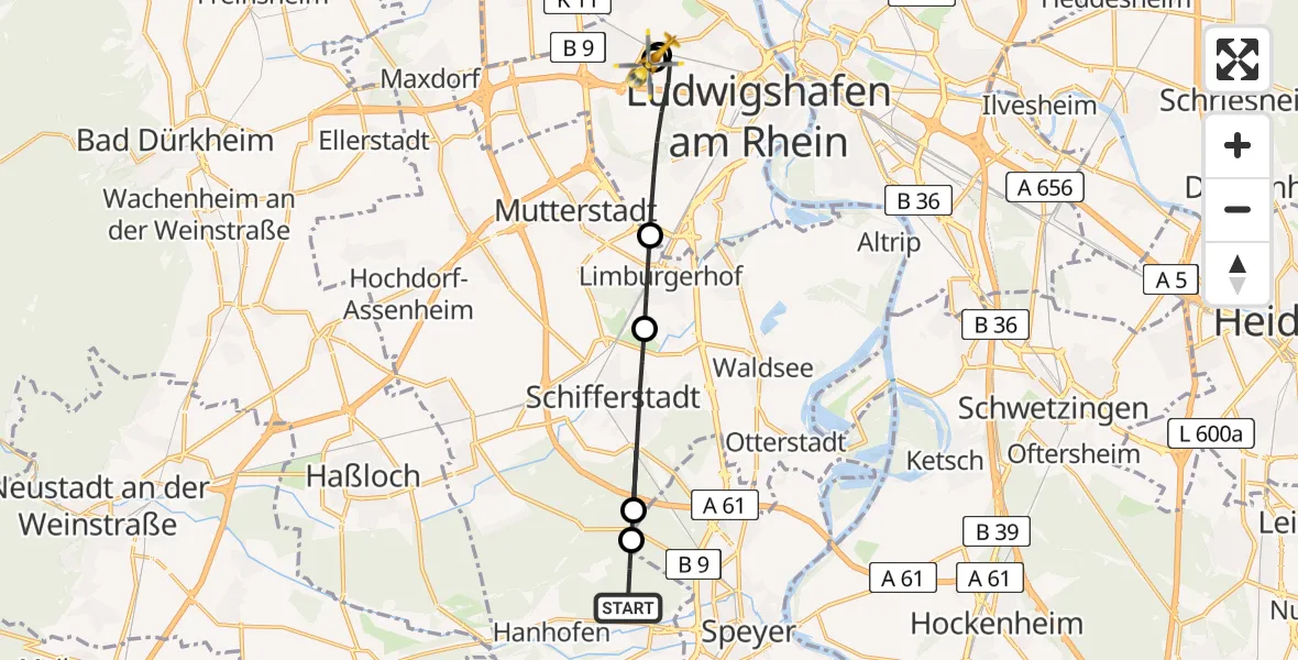 Flugroute Rettungshubschrauber Dudenhofen - Ludwigshafen Accident Hospital, 19 August 2026, 14:23