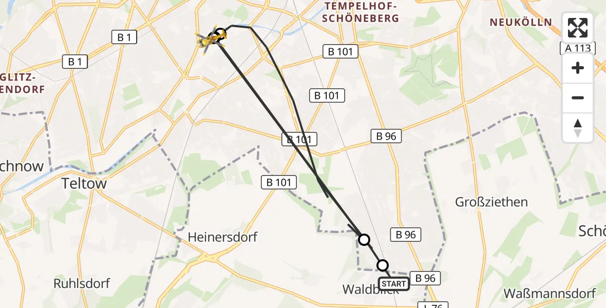 Flugroute Rettungshubschrauber Blankenfelde-Mahlow - Charité Clinic Benjamin Franklin Campus, 19 August 2026, 14:31