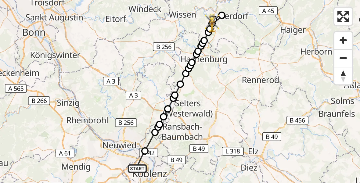 Flugroute Rettungshubschrauber Koblenz - Steineroth, 19 August 2026, 14:32
