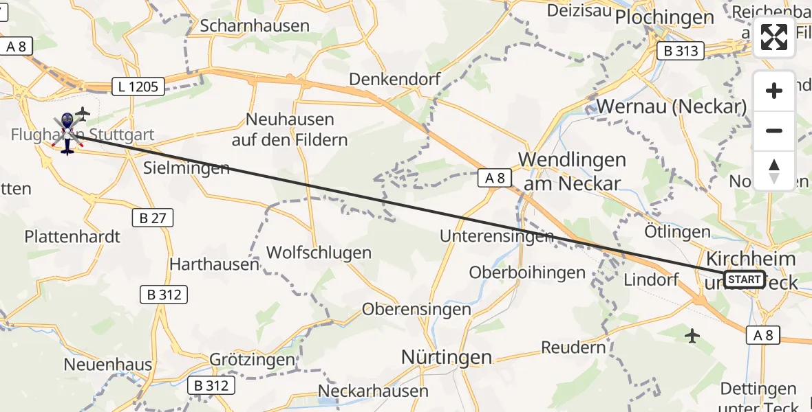 Flugroute Polizeihubschrauber Kirchheim unter Teck - Flughafen Stuttgart, 19 August 2026, 14:35