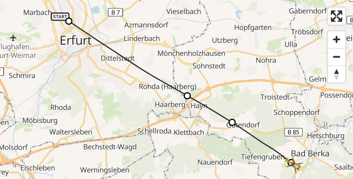 Flugroute Ambulanzhubschrauber Helios Clinic Erfurt - DRF Rettungsstation Bad Berka Hubschrauberlandeplatz, 19 August 2026, 14:39