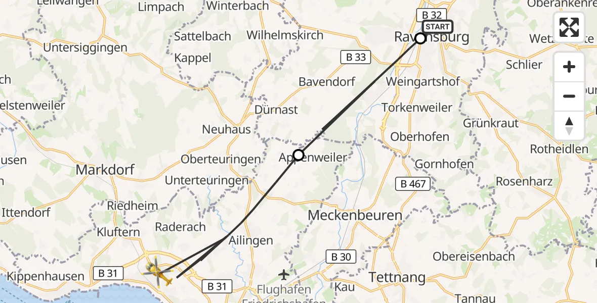 Flugroute Rettungshubschrauber Sankt Elisabeth Hospital - Friedrichshafen Hospital, 19 August 2026, 14:51