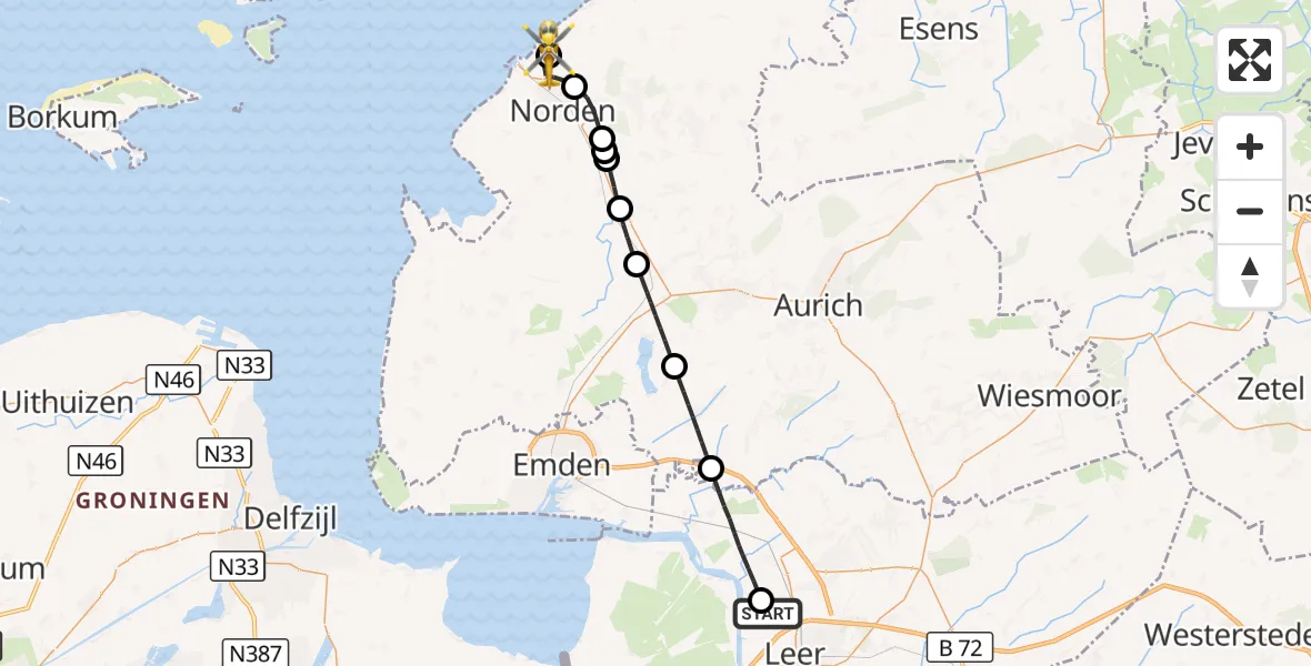 Flugroute Ambulanzhubschrauber Leer (Ostfriesland) - Norden-Norddeich Flughafen, 19 August 2026, 14:51