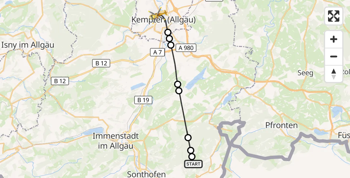 Flugroute Rettungshubschrauber Bad Hindelang - Kempten (Allgäu), 19 August 2026, 14:53