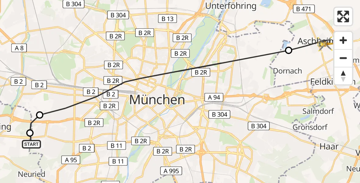 Flugroute Rettungshubschrauber DRF Air Rescue München Hubschrauberlandeplatz - Aschheim, 19 August 2026, 14:56