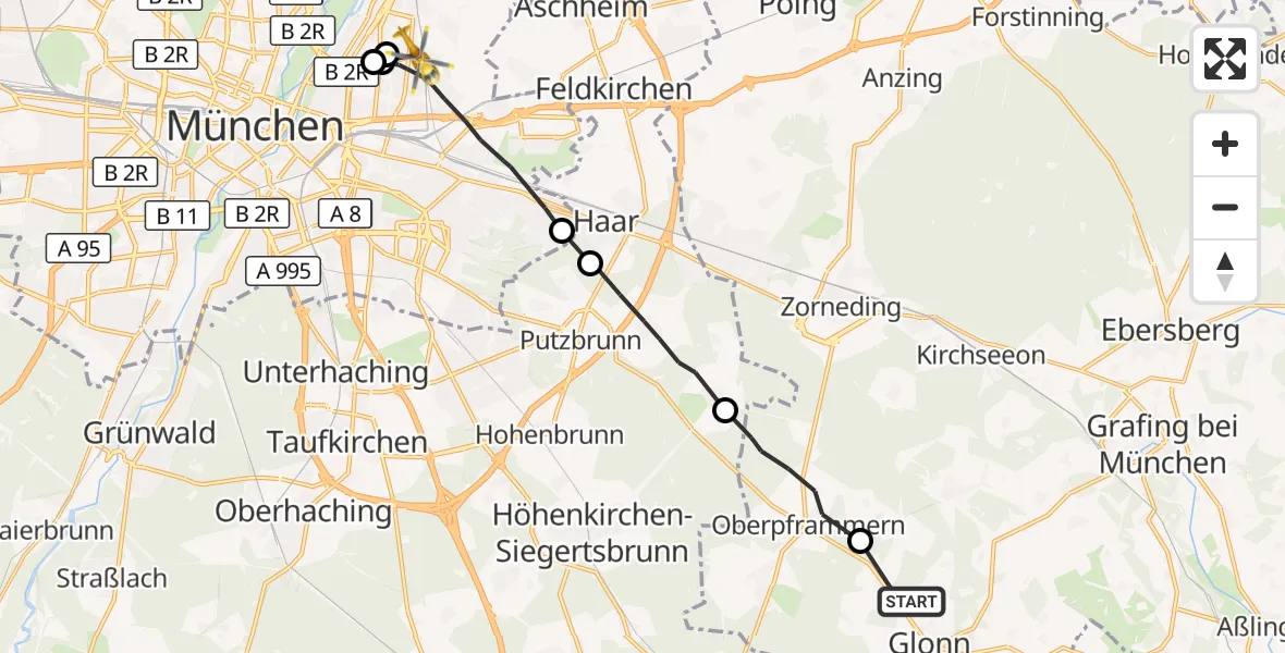 Flugroute Rettungshubschrauber Glonn - München, 19 August 2026, 14:59