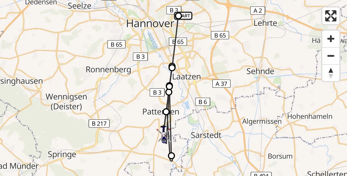 Flugroute Polizeihubschrauber Hannover Luftrettung Hubschrauberlandeplatz (Christoph 4) - Pattensen, 19 August 2026, 15:02