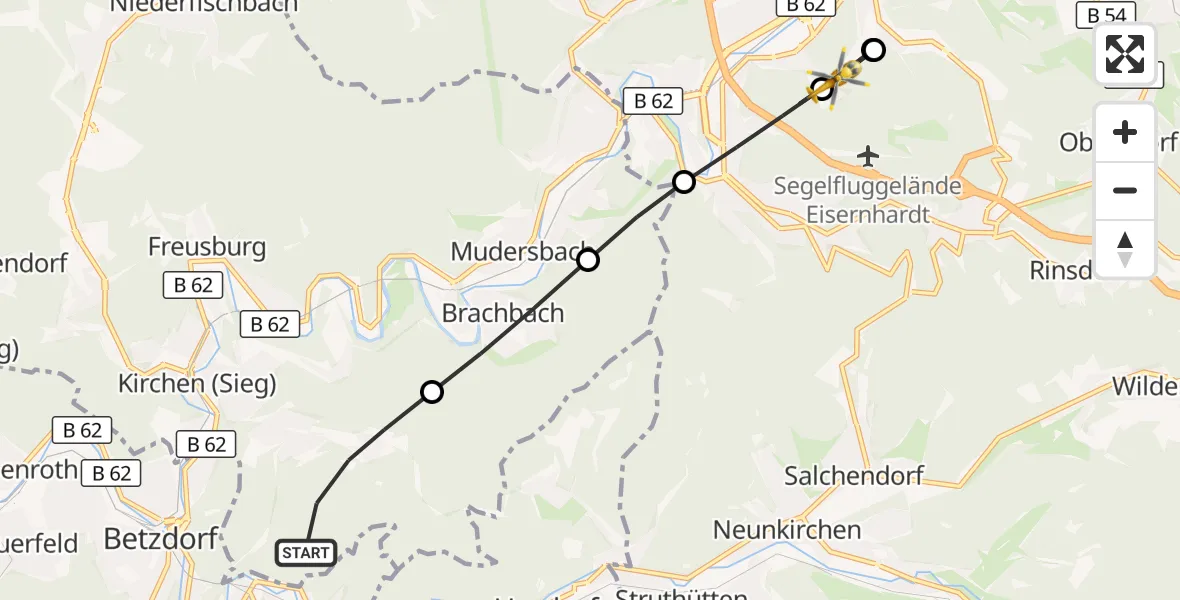 Flugroute Rettungshubschrauber Kirchen (Sieg) - Siegen, 19 August 2026, 15:17