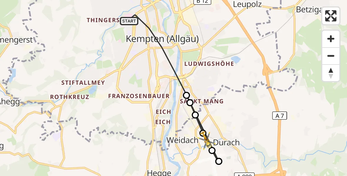 Flugroute Rettungshubschrauber Kempten (Allgäu) - Durach, 19 August 2026, 15:23