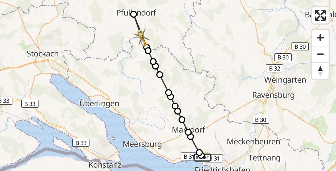 Flugroute Rettungshubschrauber Friedrichshafen Hospital - Pfullendorf, 19 August 2026, 15:34