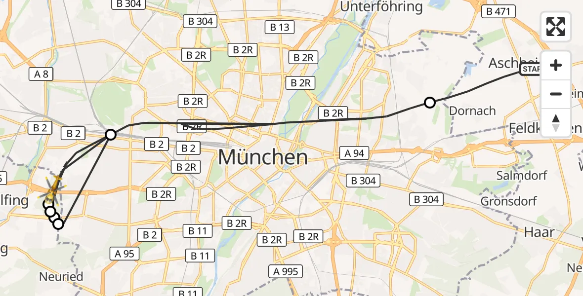Flugroute Rettungshubschrauber Aschheim - Gräfelfing, 19 August 2026, 15:34