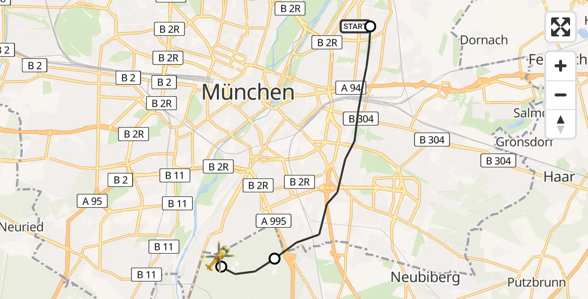 Flugroute Rettungshubschrauber München Bogenhausen Hospital - ADAC Air Rescue Center Hubschrauberlandeplatz (Christoph 1), 19 August 2026, 15:35