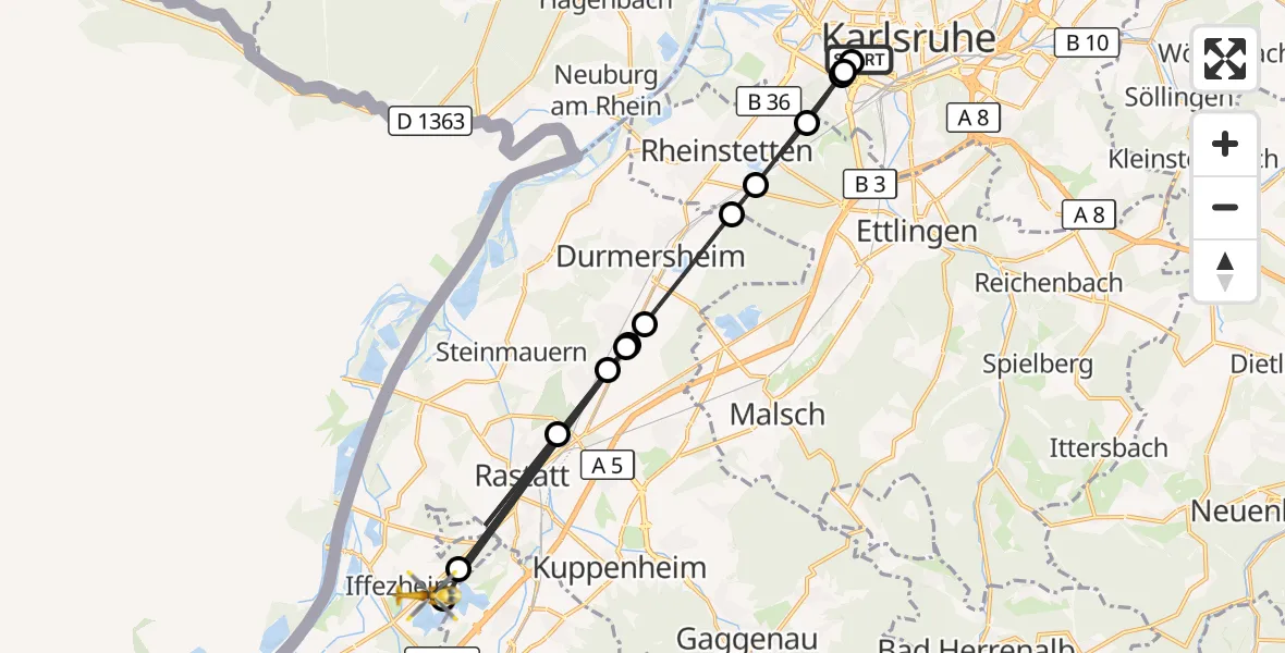 Flugroute Ambulanzhubschrauber Sankt Vincentius Hospital - Iffezheim, 19 August 2026, 15:36