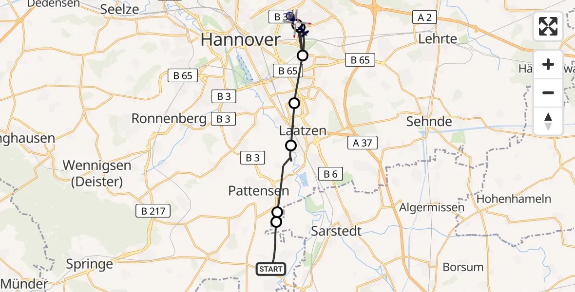 Flugroute Polizeihubschrauber Pattensen - Hannover Luftrettung Hubschrauberlandeplatz (Christoph 4), 19 August 2026, 15:40