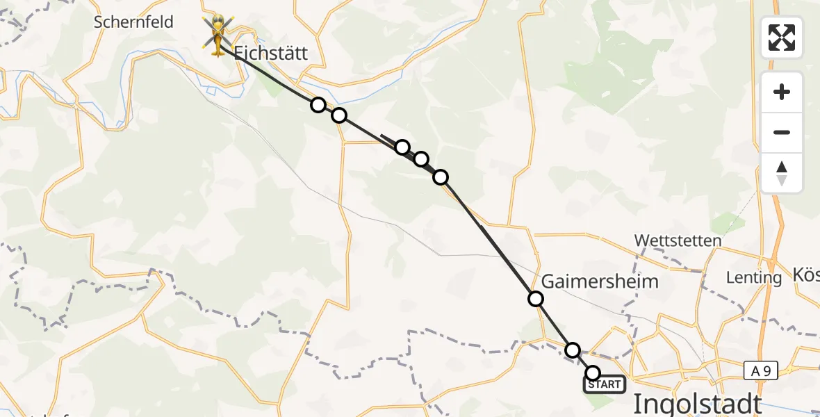 Flugroute Rettungshubschrauber Ingolstadt Hospital - Eichstätt, 19 August 2026, 15:41