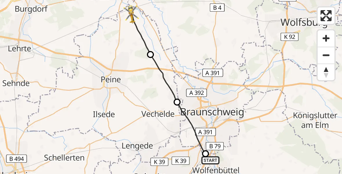 Flugroute Rettungshubschrauber Wolfenbüttel - Edemissen, 19 August 2026, 15:53